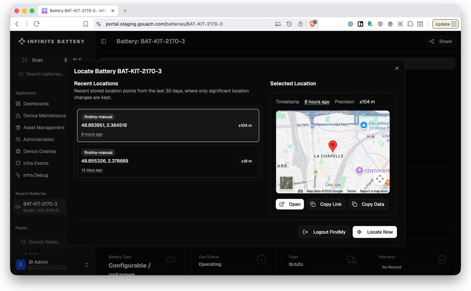 Battery location — geolocation of an individual pack